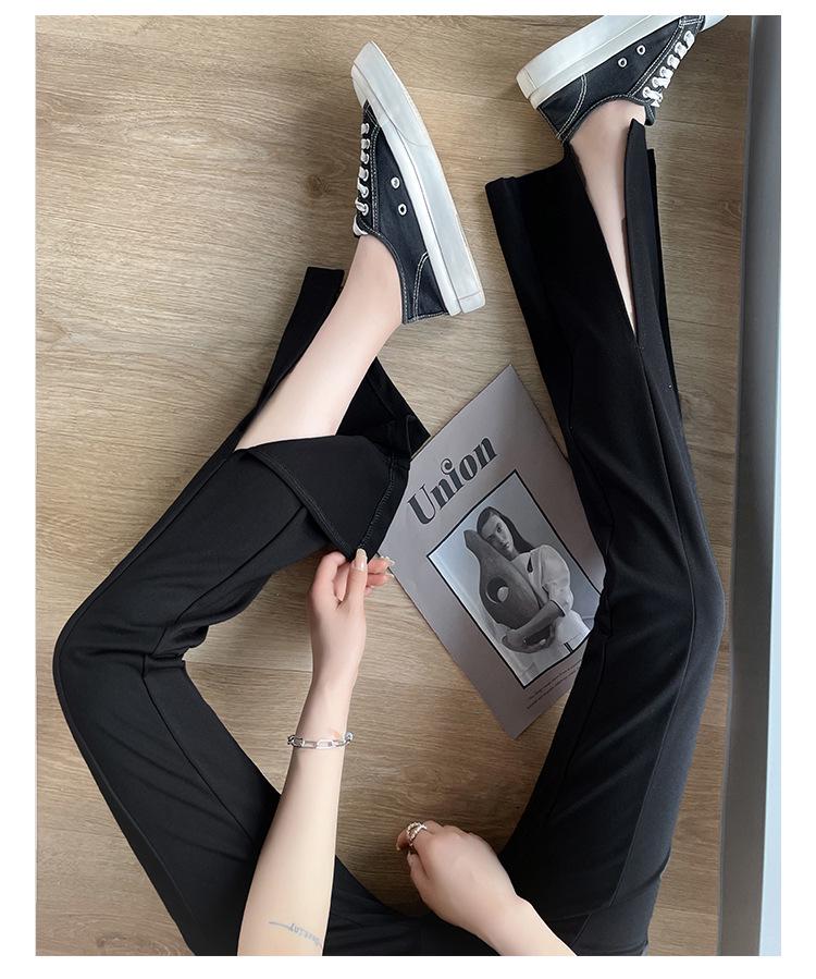 High-Waist Black Flared Pants for Women - Spring/Fall Slimming, Plus Size, Lightweight Front Slit Design