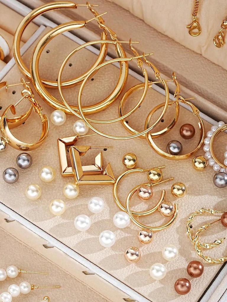 86pcs/Set Elegant Pearl Earrings Multi-Layered Necklace Ear Studs Rings 4-In-1 Jewelry Set For Women Daily Wear Gift (No Box)