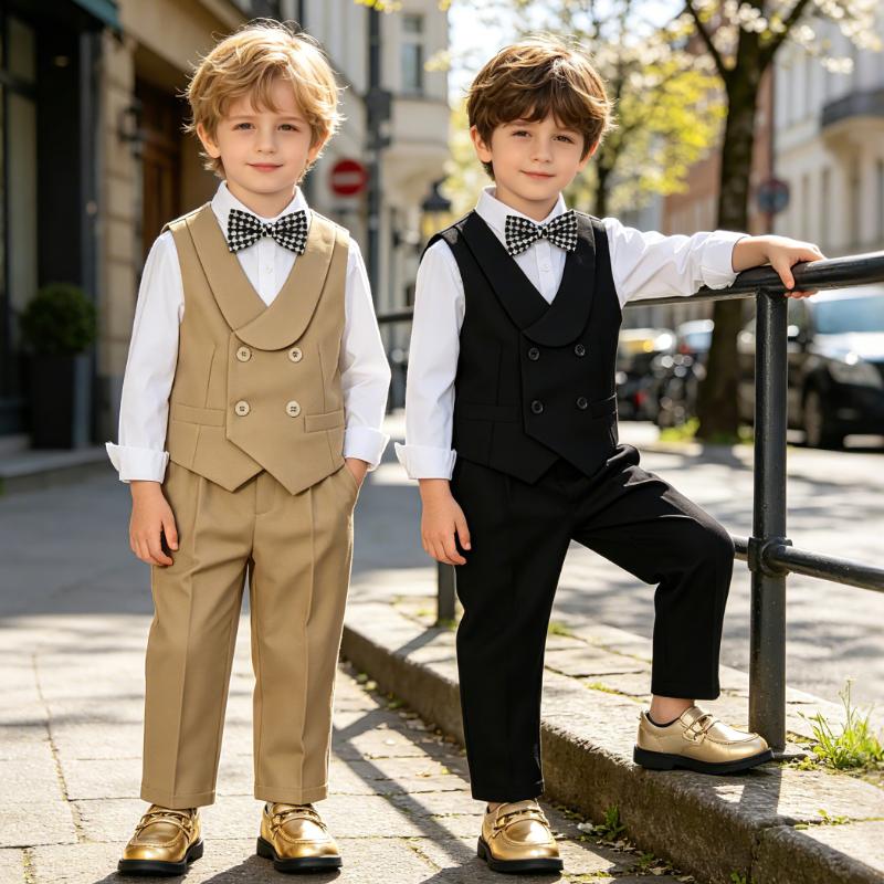 Boys Khaki 4 Piece Suit Shawl Lapel Double Breasted Vest Set White Shirt Plaid Bow Tie Pants Kids Wedding Flower Gentleman Formal Party Photo Outfit