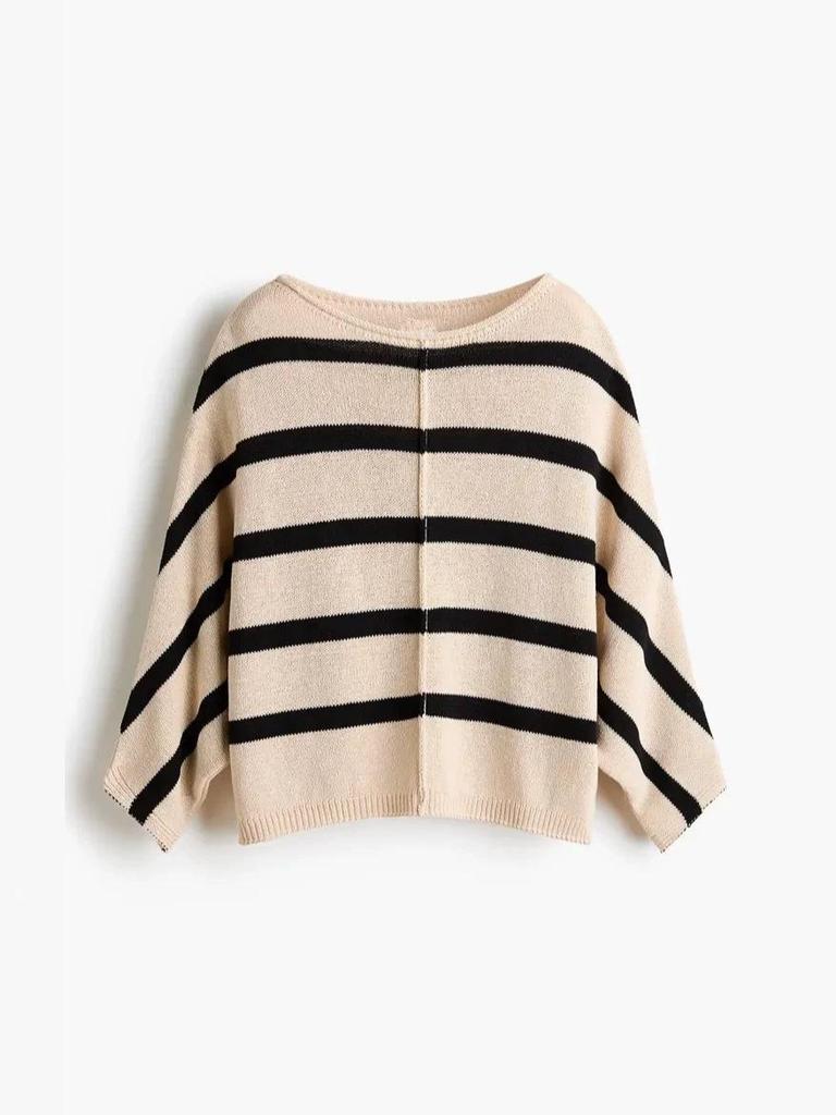 2026 Autumn/Winter Elegant Striped Knit Sweater - Sweet and Stylish Low Round Neck Pullover for Women