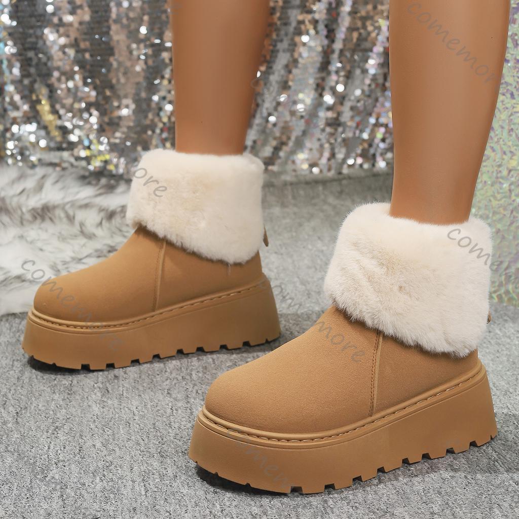 Fashion Comemore Winter Cotton Boots Women's Fashion Round Toe Suede Platform Back Zip Ankle Boots for Women Casual Fur Short Botines
