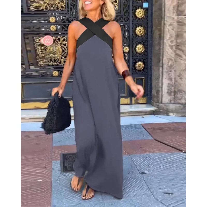 Summer Sleeveless Loose Casual Long Dress New Big Size Women A-line Cross Party Patchwork Dress Sweet Streetwear Sexy Clothing