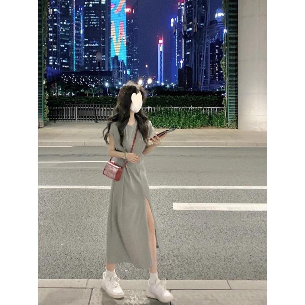 New thin niche gray casual T-shirt dress elegant women's summer women's clothing split-ended long dress