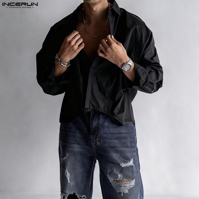INCERUN Oversized Men Lapel Neck Long Sleeve Casual Loose Cropped Shirts