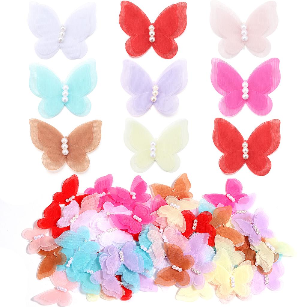 10pcs/lot Organza Fabric Butterfly Appliques Colorful Double-layer Meteor Gauze Pearl Butterfly For DIY Wedding Party Home Decor