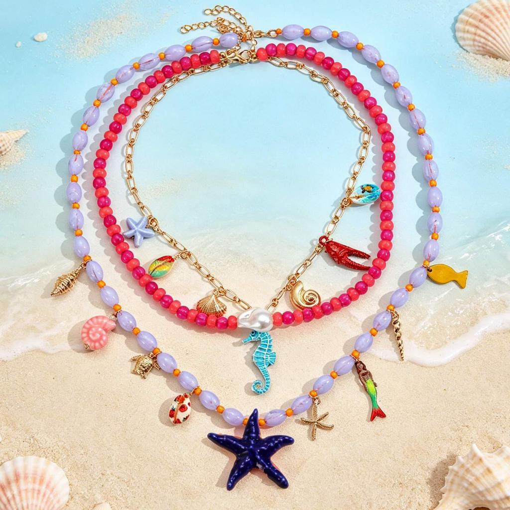 Beaded Starfish & Seahorse Multi-layer Necklace - Handmade Ocean Style Women's Accessory