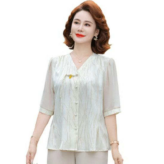 

Chinese Summer Style Chiffon Blouse for Middle-Aged Women – Short Sleeve Top XL бежевый
