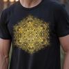 Gold Metatrons Cube Sacred Geometry T Shirt Intricate Geometric Psychedelic Wearable Art Casual Vintage Graphic