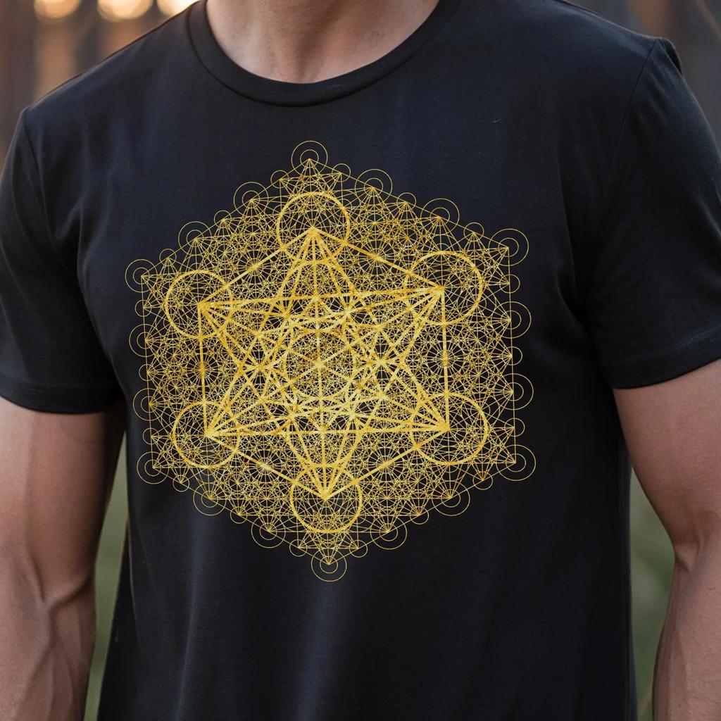 Gold Metatrons Cube Sacred Geometry T Shirt Intricate Geometric Psychedelic Wearable Art Casual Vintage Graphic