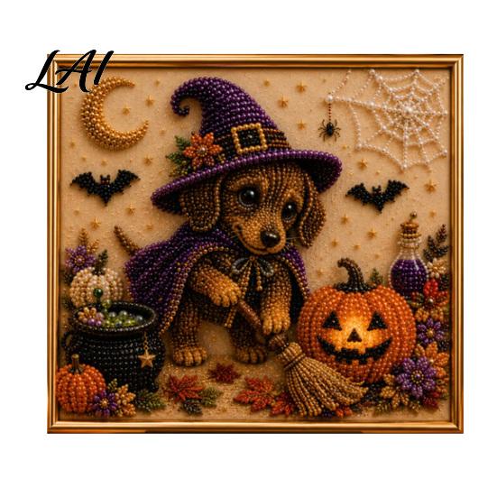 Puppy Themed Faux Pearl Painting Halloween Kit Art DIY Witch Seasonal Home Decor Projects Hat Bead Craft Kit for Adults And Teens Handmade