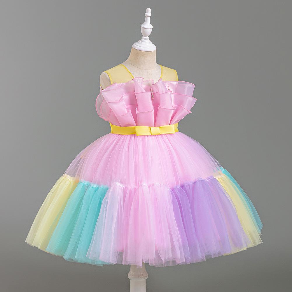 Girls Colourful Patchwork Princess Dresses Sleeveless Colour Patchwork Bowknot Dress Walking Piano Performance Dress 363  Girl's Favourite Dress
