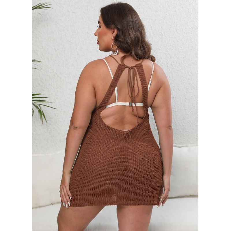 

Women s Beach Bikini Blouse European and American plus Size Women s Clothes Sexy Open Back Woven Skirt Tied Dress F865 Caramel 2XL