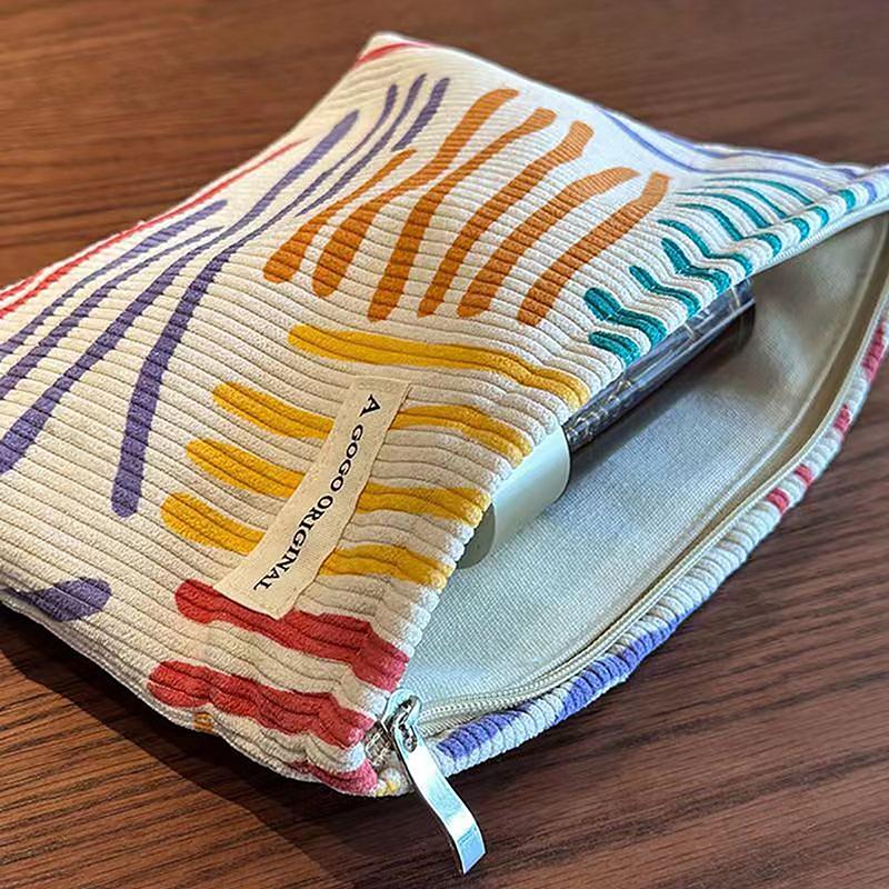 Sztruksowa kosmetyczka w paski w kontrastowych kolorach, torba do prania dla kobiet, podróżna kosmetyczka, etui do przechowywania kosmetyków, organizer do makijażu, kopertówka