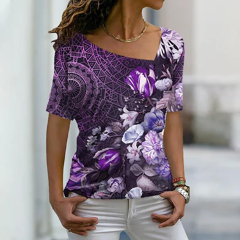 Flower Floral 3D T-shirt Summer Women Irregular V-neck T Shirts Streetwear Harajuku Short Sleeve Tees Sexy Oversized Y2k Tops
