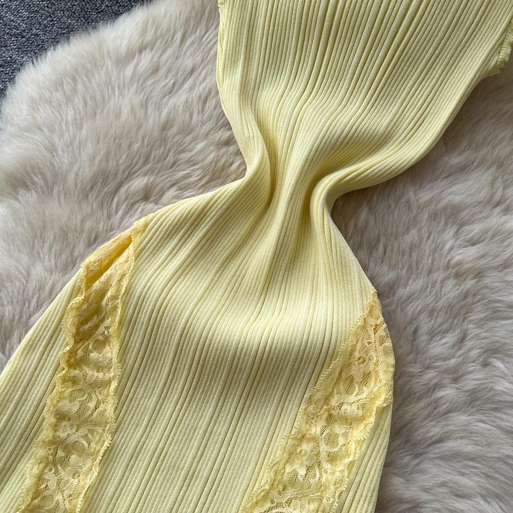 Elegant Lace Patchwork Knitted Midi Long Dress Women Chic Short Sleeve Ruffles Slim Fit Dresses 2026 Casual Daily Office Outfit