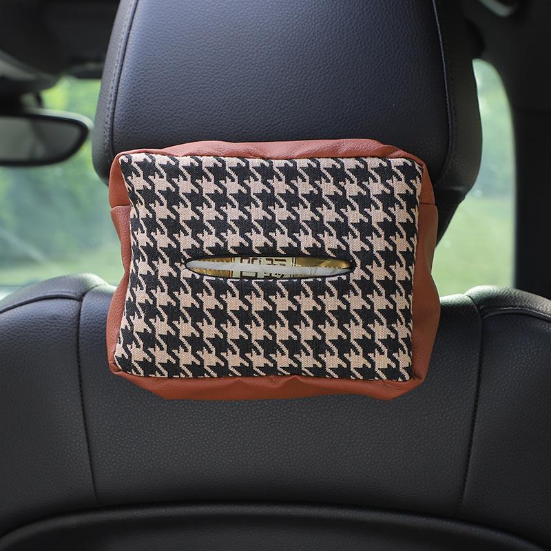 Multifunctional Knitted Houndstooth Hanging Backseat Car Tissue Box For Home And Vehicle