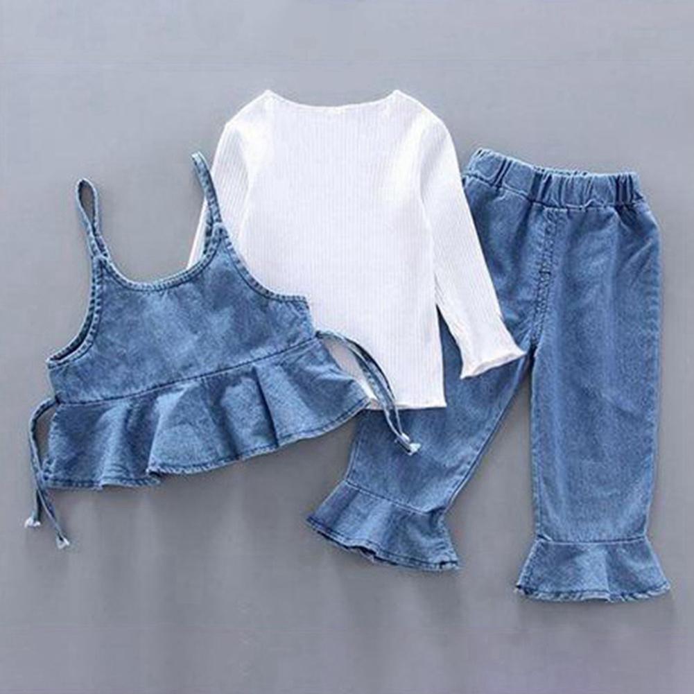 1-4 Years Kids Girls Spaghetti Strap Dress Set Long Sleeve Shirt Pants and Dress 3pcs