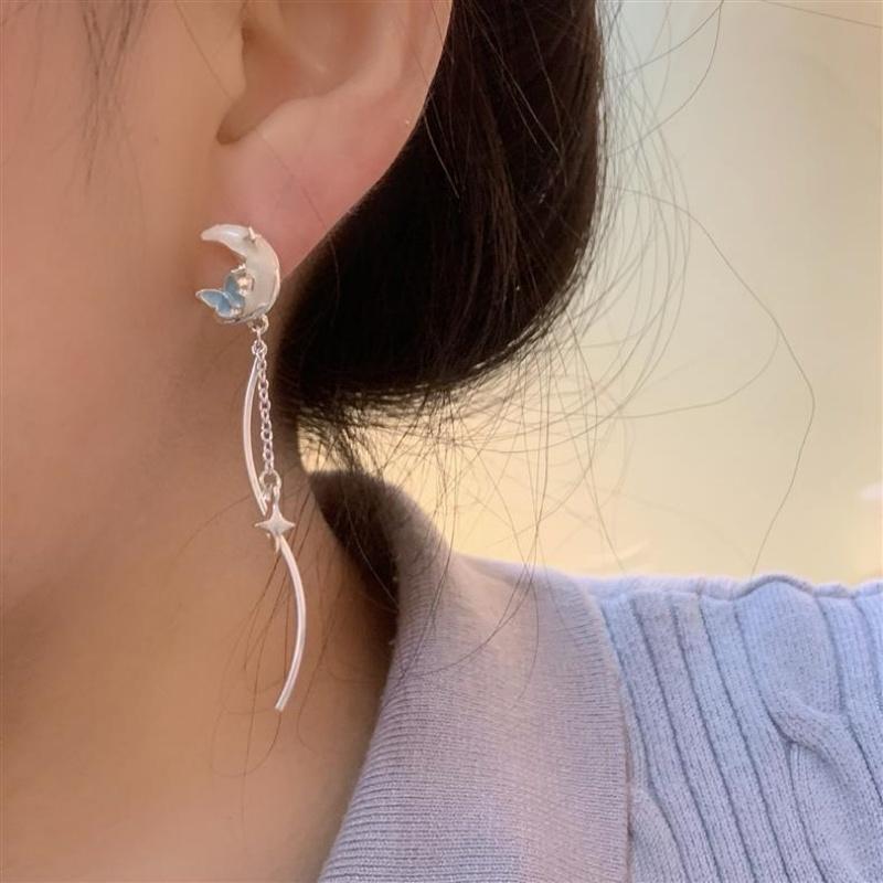 Exquisite Crystal Moon Butterfly Drop Earrings For Women Korean Fashion Star Bowknot Tassel Earrings Wedding Party Jewelry Gifts