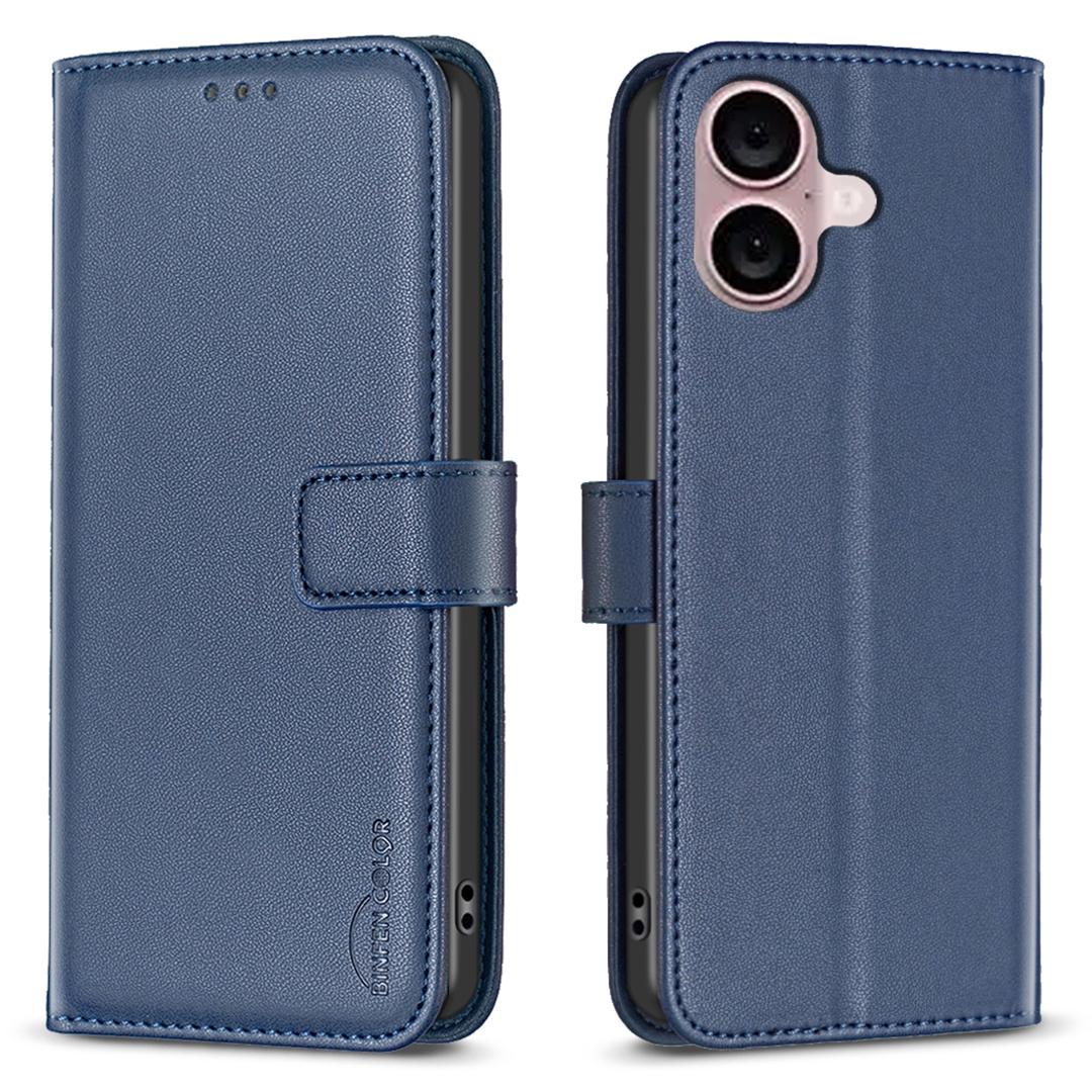 

BINFEN COLOR BF17 For iPhone 16 Plus Anti-Scratch Shell PU Leather Stand Phone Case Wallet Cover Blue