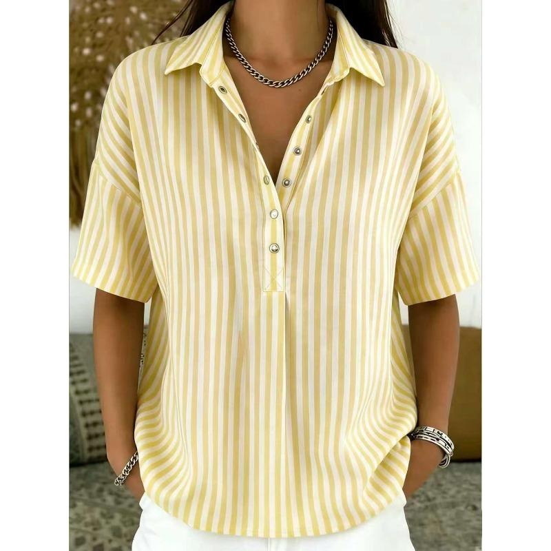 TIFICY Women's Fashion Casual Summer Spring Stripe Print Short Sleeve POLO Neck Blouses & Shirts