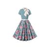 Women's Bow Tie Collar Short Sleeve Midi Dress A Line Mid Waist Floral Print Swing Dress Vintage Hepburn Party Dress With Belt