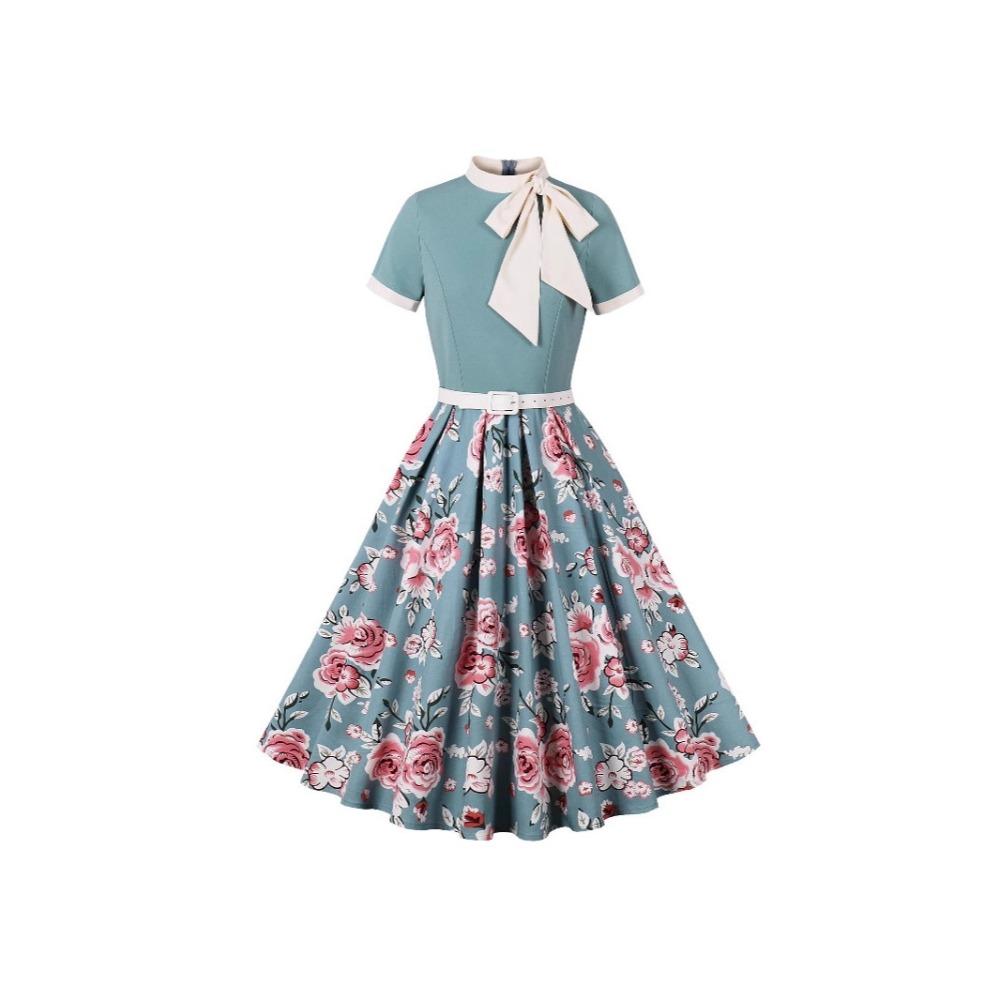 Women's Bow Tie Collar Short Sleeve Midi Dress A Line Mid Waist Floral Print Swing Dress Vintage Hepburn Party Dress With Belt