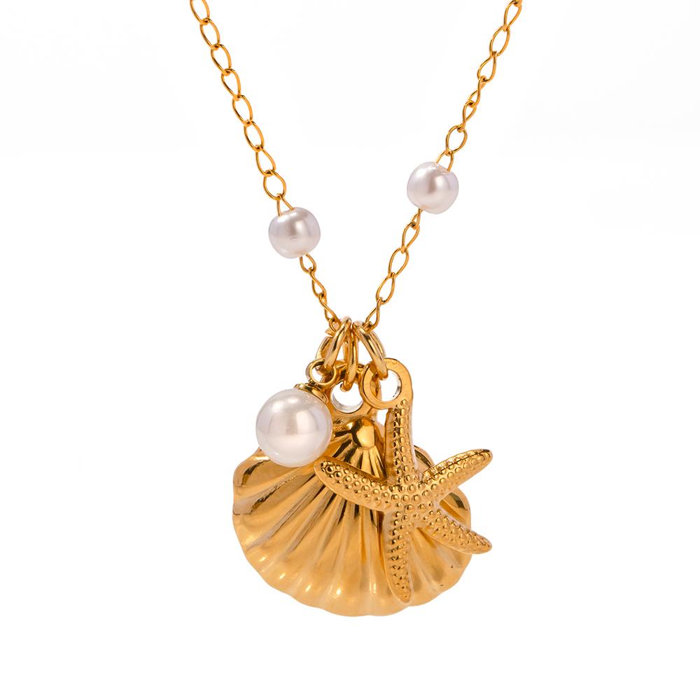 

Stainless Steel Shell Starfish Pendant Necklace Delicate Fashion Stain Less Metal Collar Waterproof Jewelry Gift