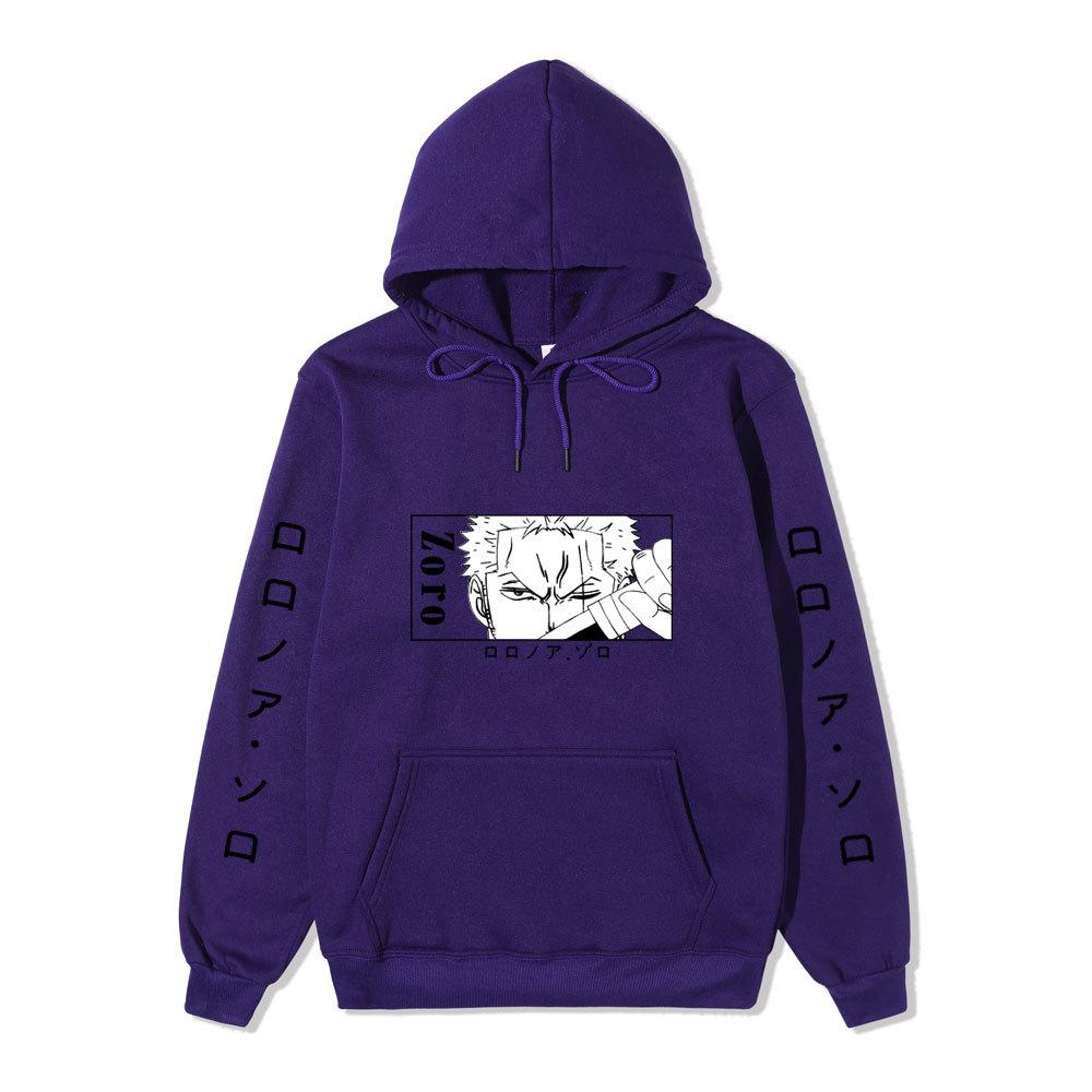 One Piece Hoodie, Roronoa Zoro Manga Graphic Japanese Letter Sleeve Print Pullover Sweatshirt Unisex Streetwear