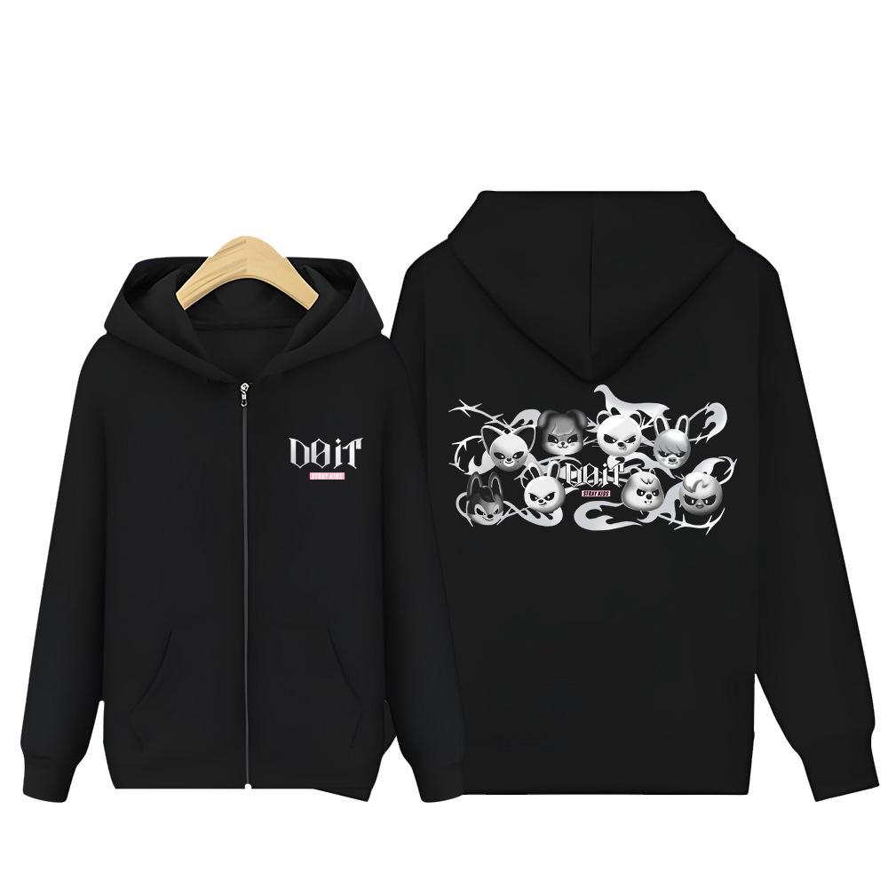 Stray Kids Zip-Up Hoodie - Black & Pink Graphic Cardigan with Kangaroo Pocket, Spring Autumn Casual Outerwear for STAY