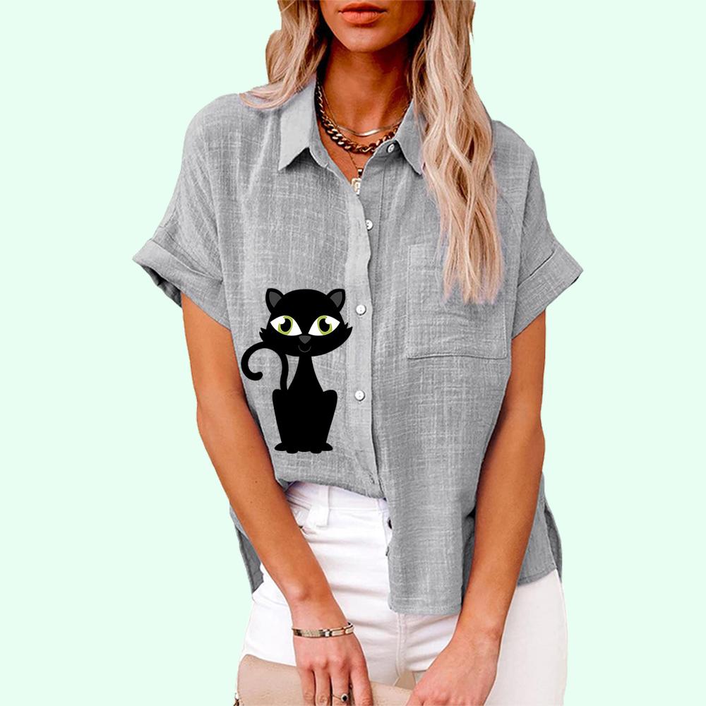 Plus Size Women Casual Short Sleeved Linen Top Fashion Cat Print T-shirt Ladies Loose Buttoned Blouse