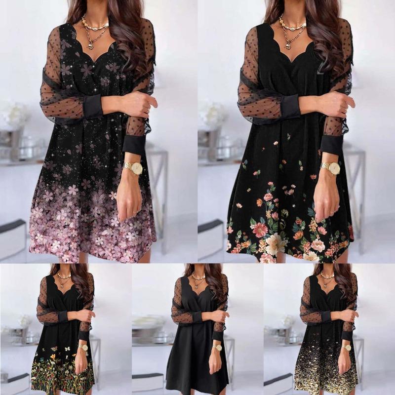 Жіноча мода Літо Весна Повсякденні сукні з довгим рукавом і V-подібним вирізом