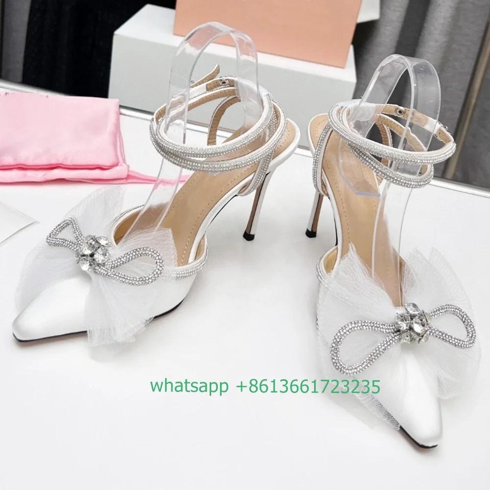 Mesh Cloth Crystal Butterfly Knot Sandals Stiletto Heel Pointed Toe High Heels Black/white/pink Satin Rhinestone Shiny Sandals