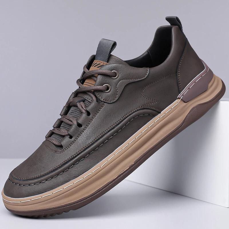 High Quality Men Thick Soled Comfy Casual Leather Shoes Four Season Genuine Leather Outdoor Walking Shoes Fashion New Board Shoe