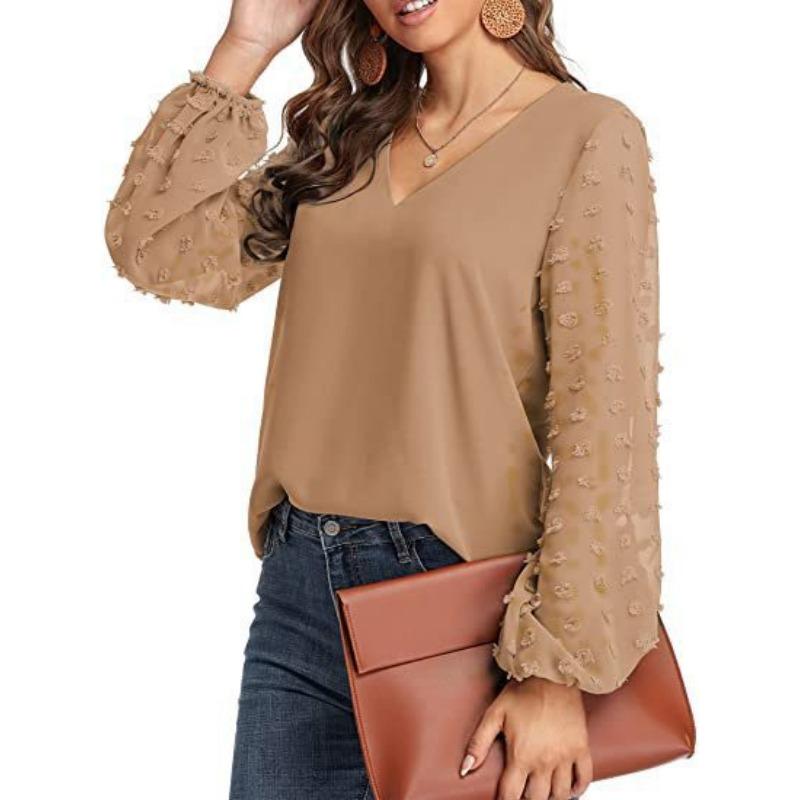 YYFS Camicette e camicie con scollo a V a maniche lunghe con stampa tinta unita primavera autunno moda casual da donna