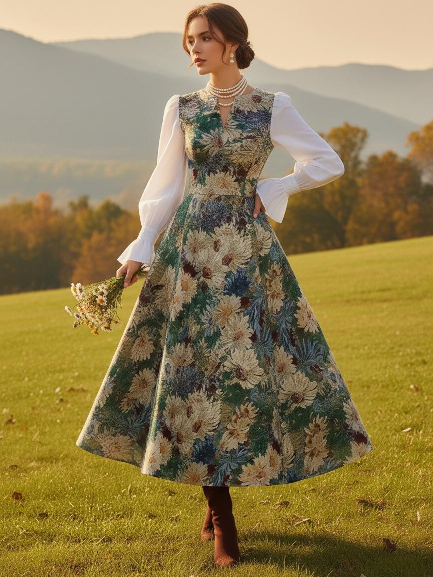 Europe, America, retro casual V-neck print long-sleeved holiday dress S