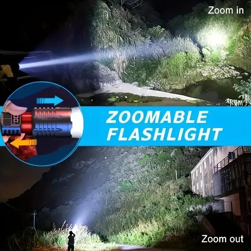 Strong Light Outdoor Camping Fishing Flashlight with Telescopic Zoom, Built-in Rechargeable Battery, Hook and Window Breaking Hammer