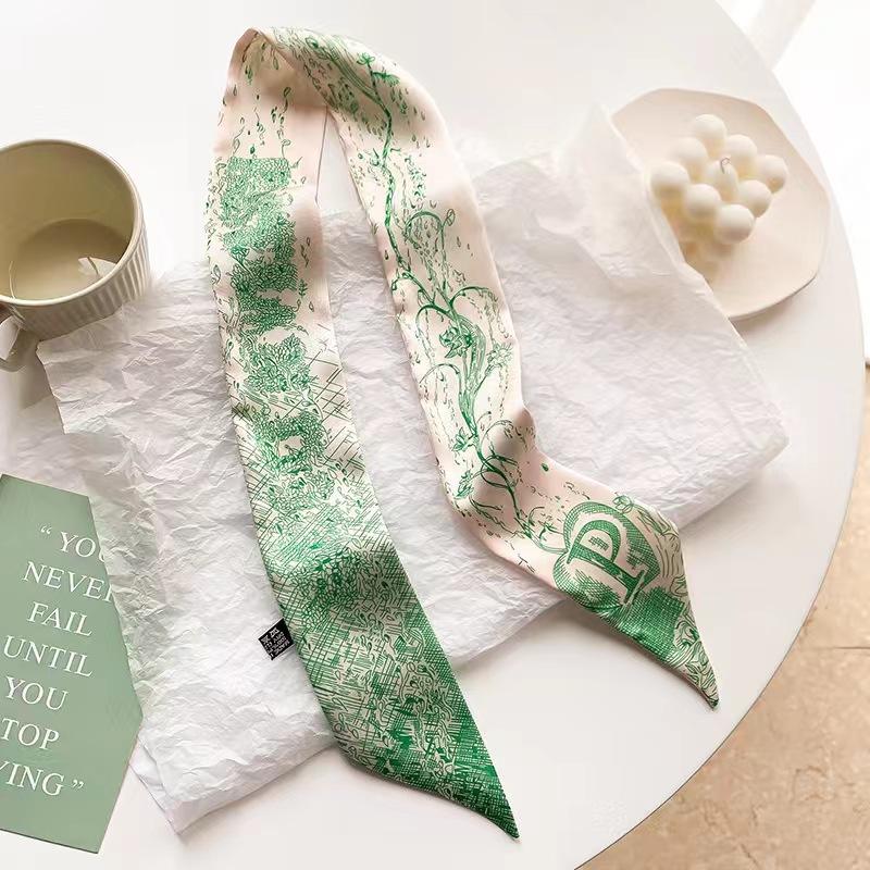 Small White And Tender Green Silk Scarf For Women, Thin Streamer, Headband, Hair Tie, Bag Decoration Long
