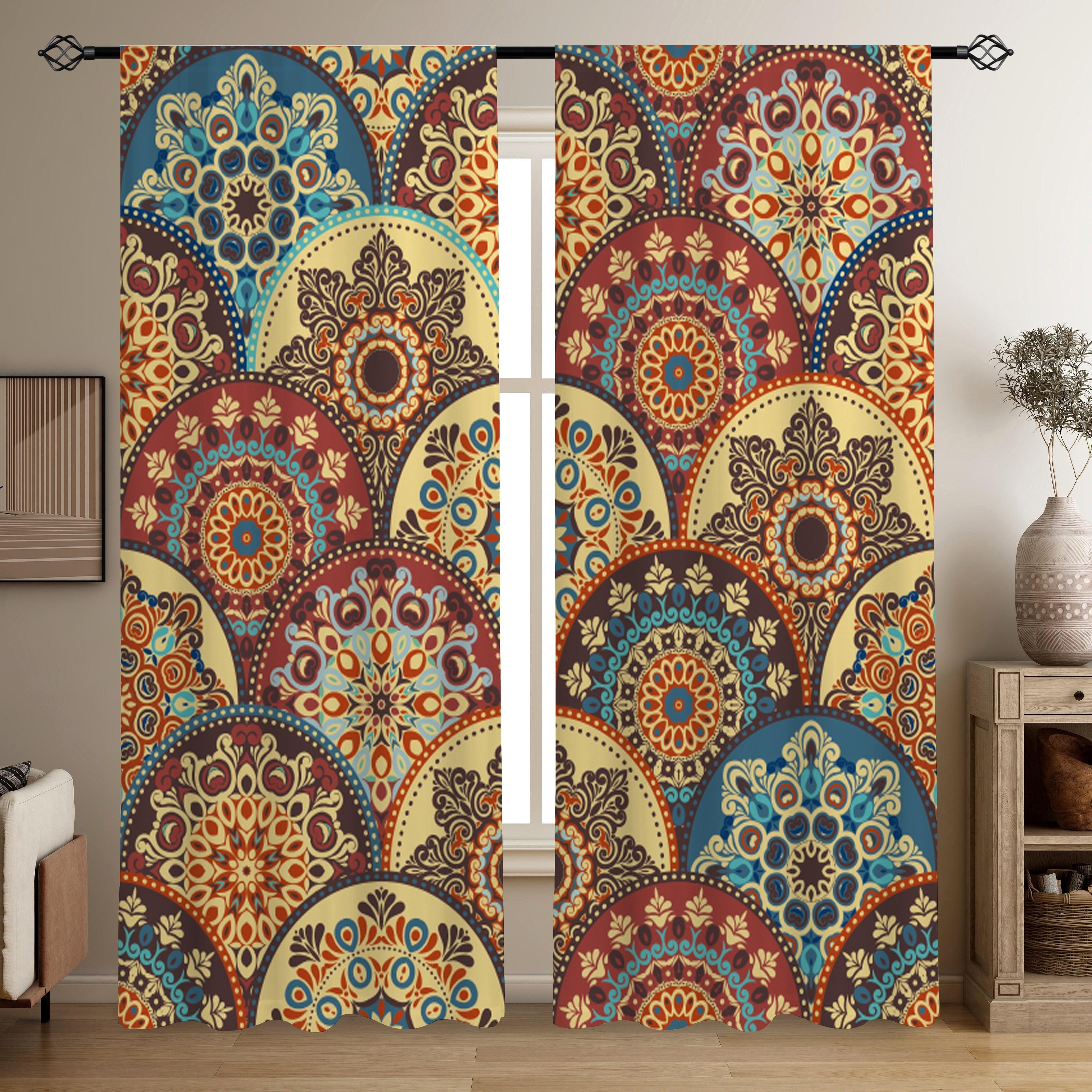 

2pc Retro Bohemia Printed Window Panel Curtain Rod Pocket Window Panel Curtain Semi Blackout Ornamental Curtains For Living Room Bedroom W50 X H130(CM)X2&Hook
