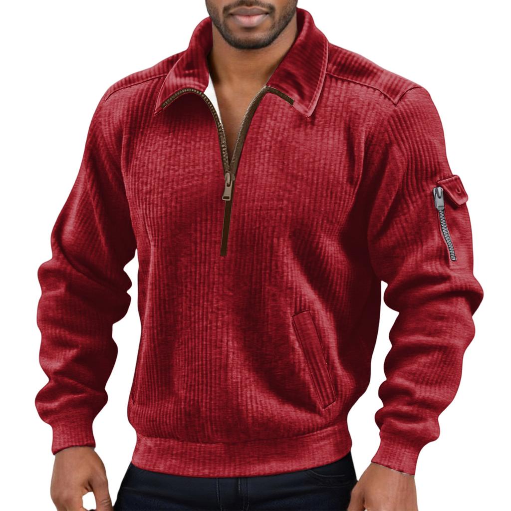 Men's Color Corduroy Zipper Neck Long Sleeve Top Men's Casual Lapel Top