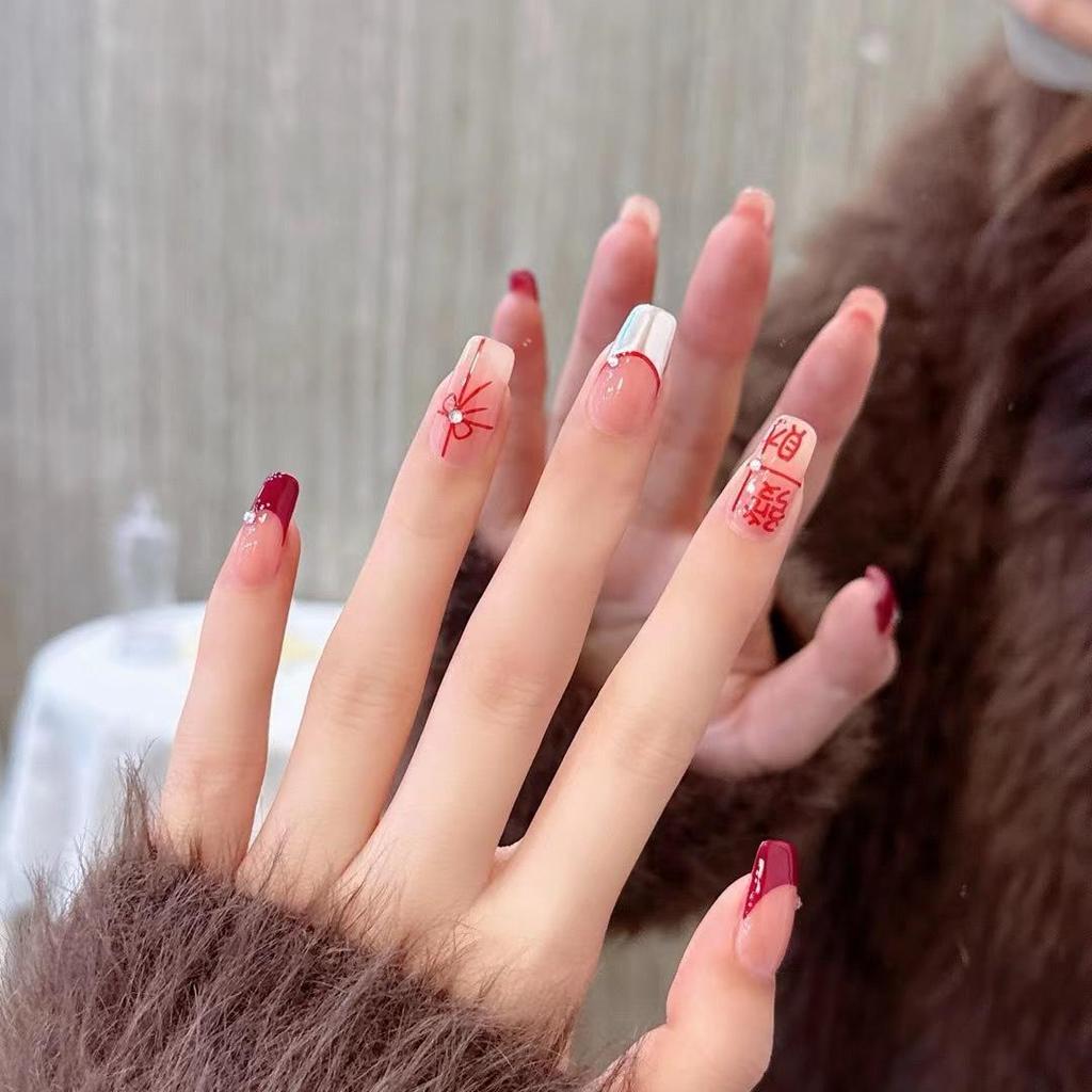 Red Bow Festive French Press-On Nails: Elegant Pure Desire Style for New Year Celebrations