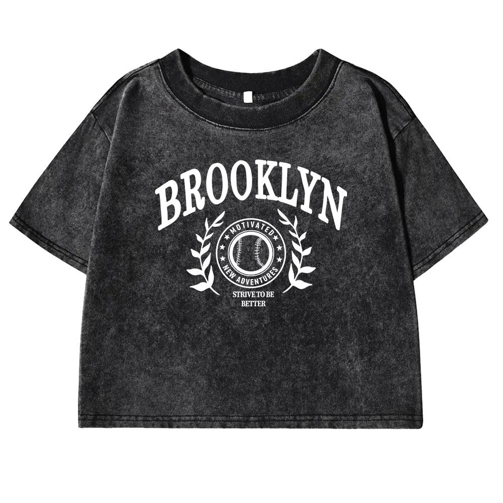 Brooklyn Art Leaf Design Printed Retro T-Shirt Women Washed Cotton Tees Shirt Fashion Street Short Sleeve Slim Tee Shirts