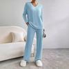 Women Casual Loose V Neck Long Sleeve Knit Top Straight Long Pants Two Piece Set