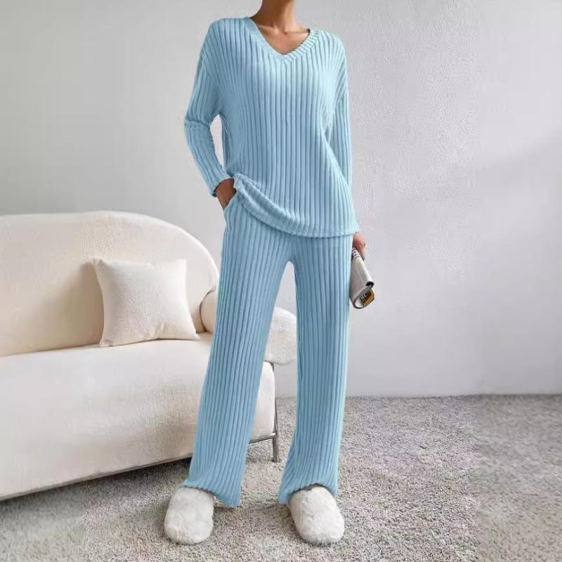 Women Casual Loose V Neck Long Sleeve Knit Top Straight Long Pants Two Piece Set