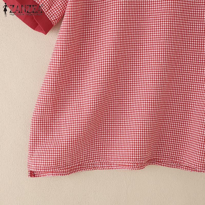 ZANZEA Women Casual Round Neck Grid Print Summer Short Sleeve Blouse