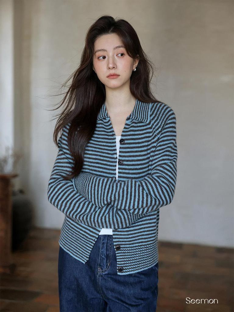 Korean Style Striped Long Sleeve Knitted Cardigan - Petite Unique Exquisite Autumn 2025 Collection