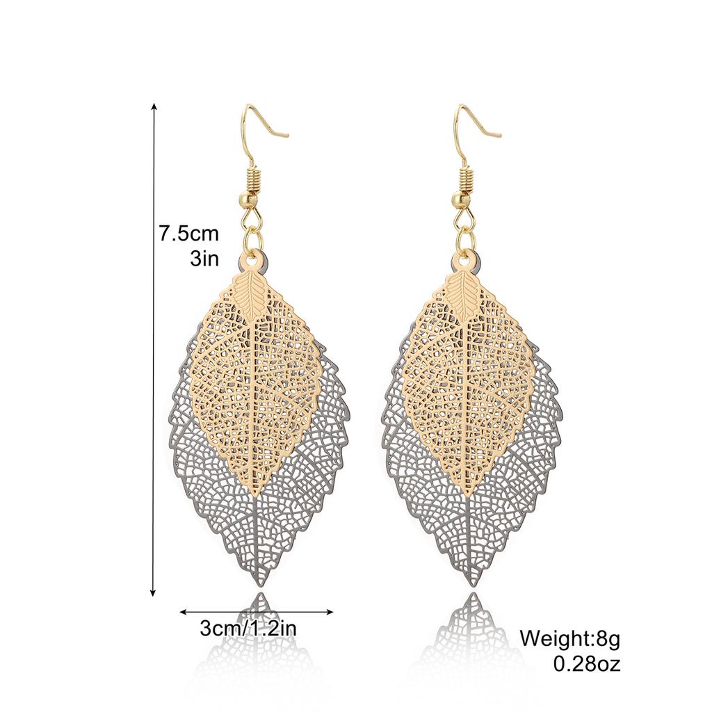Earrings Leaf Earrings Gold Simple Double Layer Hollowed Out Leaf Earrings Vintage Double Layer Teardrop Straw Large Circle Women's Earrings