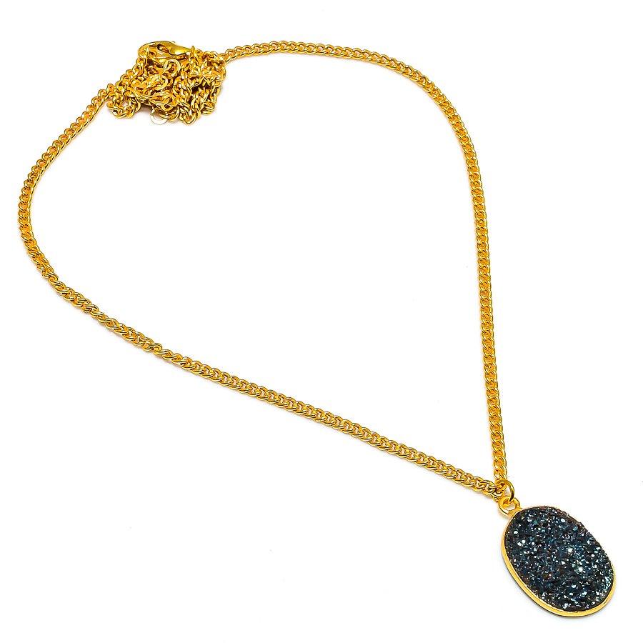 Peacock Titanium Druzy Gemstone 925 Sterling Silver Jewelry Necklace 20" GK-5014