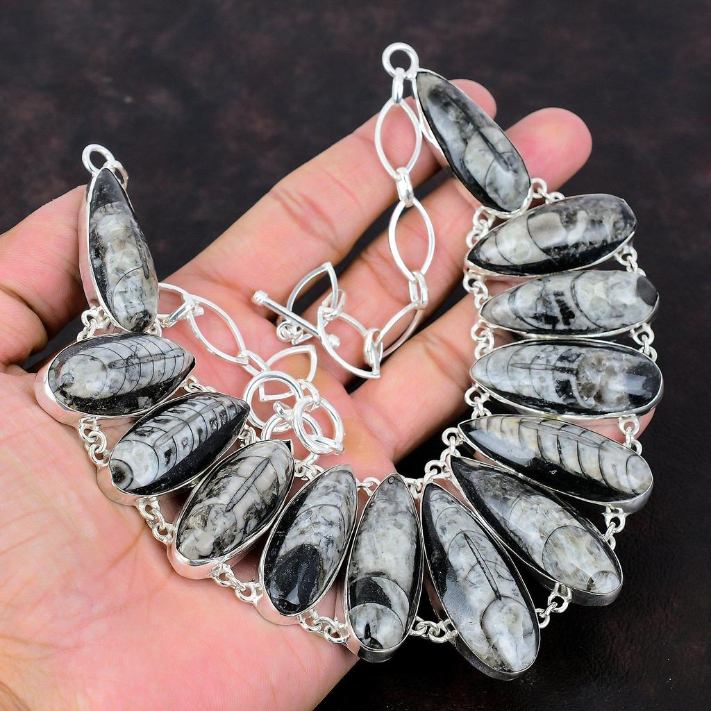 Collier de fossiles Orthoceras Collier de pierres précieuses Collier en argent sterling 925 Collier de chaîne réglable Collier de bijoux antiques faits à la main Cadeau pour la mère