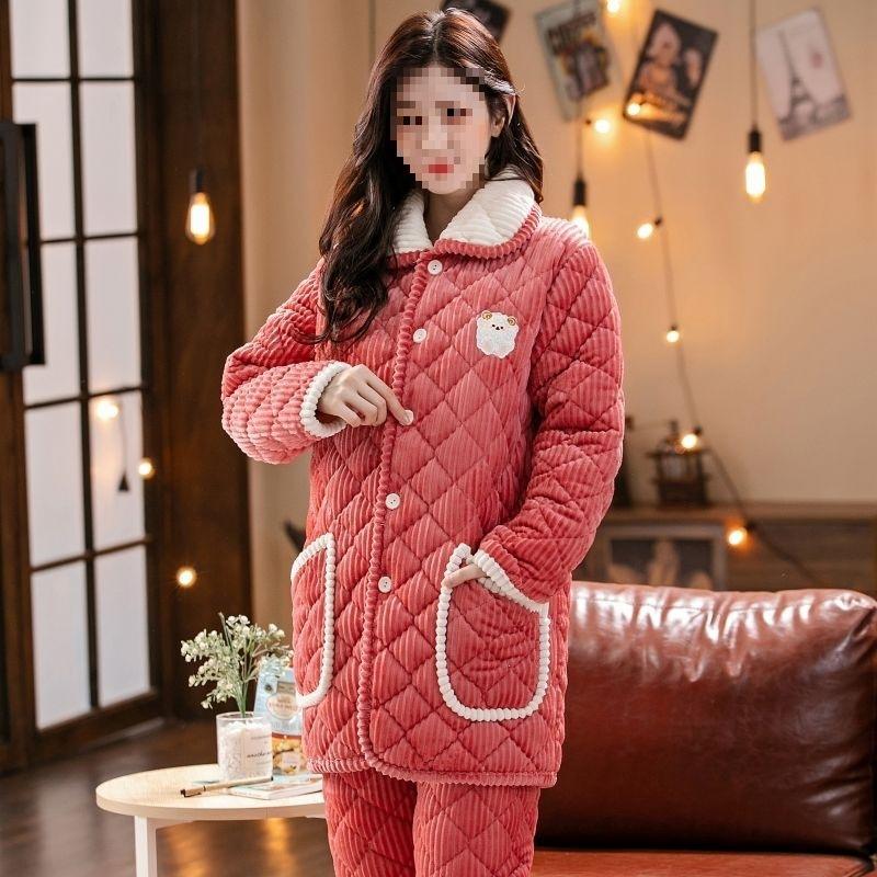Pajamas women's three-layer thickened winter suit can wear large-size thermal padded loungewear