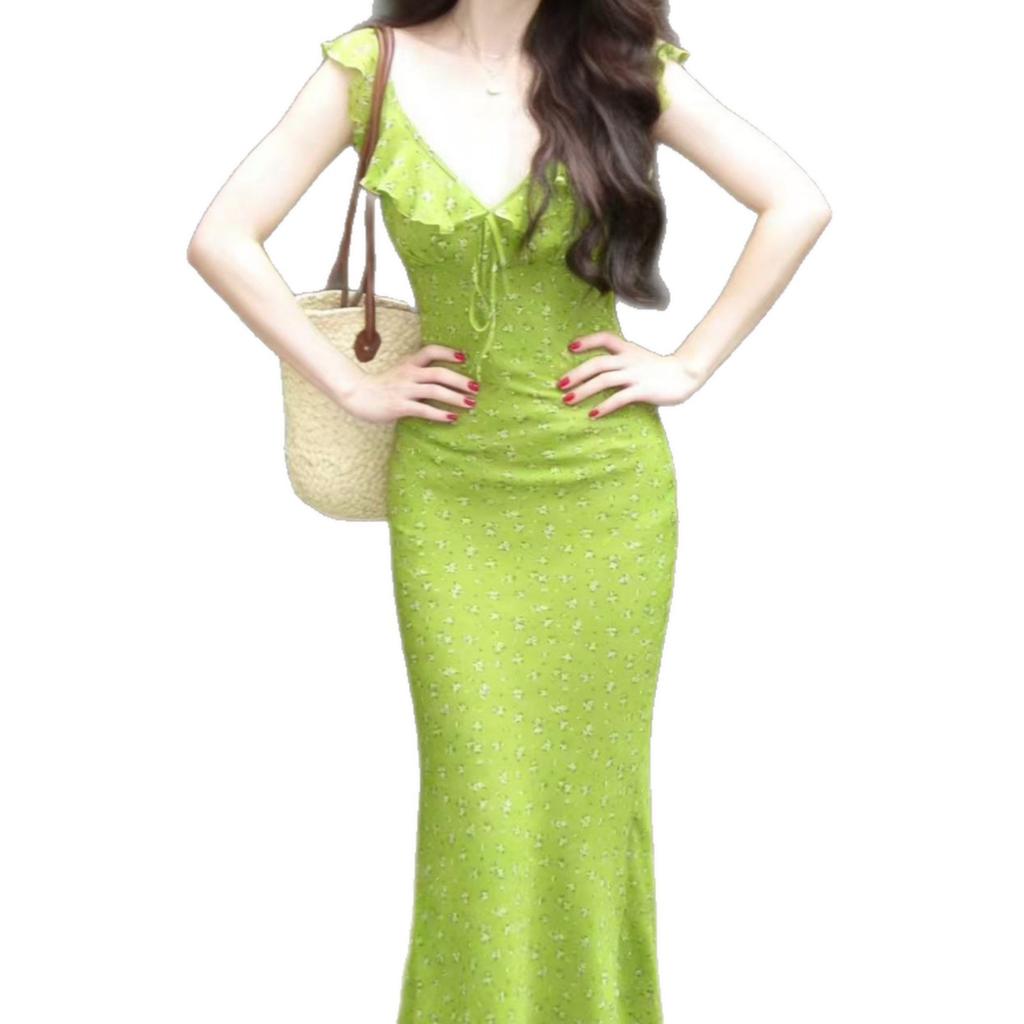 Green French floral lotus leaf summer suspender dress temperament pure desire style design high waist spring and summer slim dress